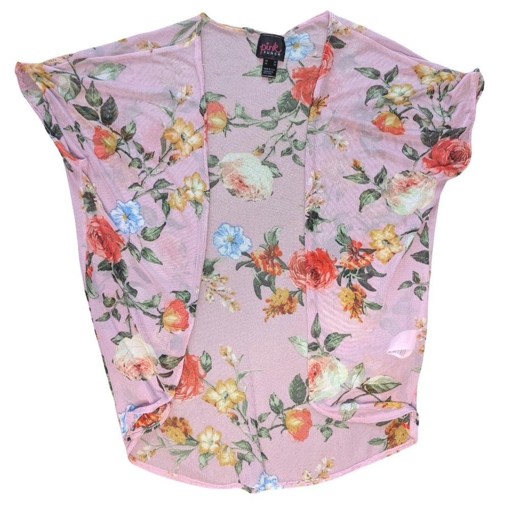 Pink Punch Medium Pink Floral Sheer Mesh Short‎ Sleeve Open Cardigan Flowy
